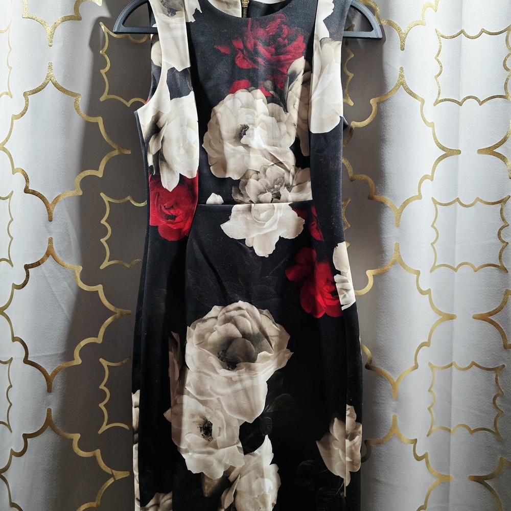 Calvin Klein Black and Red Floral Midi Dress